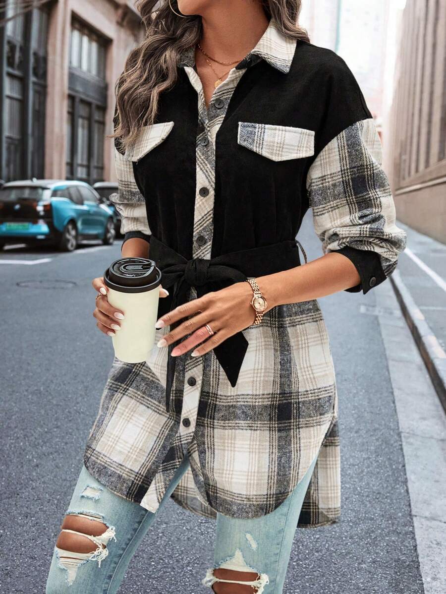 SHEIN LUNE Plaid Print Drop Shoulder Flap Detail Belted Overcoat - Multicolor - View 1