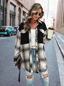 SHEIN LUNE Plaid Print Drop Shoulder Flap Detail Belted Overcoat - Multicolor - View 5