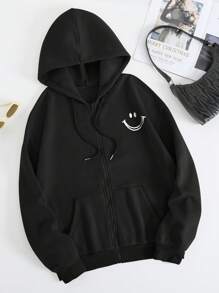 SHEIN EZwear Cartoon Graphic Zip Up Drawstring Thermal Lined Hoodie - Black - View 1