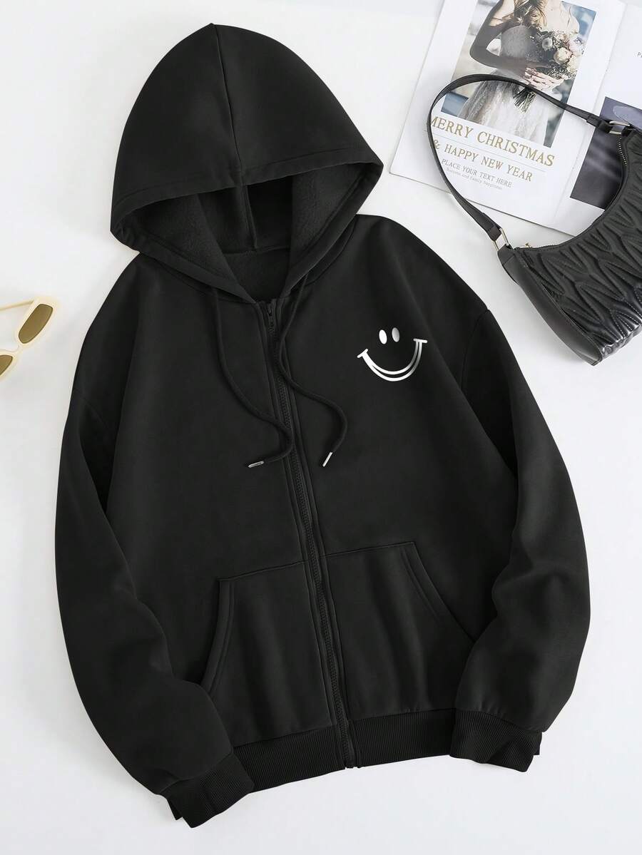 SHEIN EZwear Cartoon Graphic Zip Up Drawstring Thermal Lined Hoodie - Black - View 1