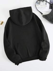 SHEIN EZwear Cartoon Graphic Zip Up Drawstring Thermal Lined Hoodie - Black - View 2