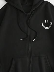 SHEIN EZwear Cartoon Graphic Zip Up Drawstring Thermal Lined Hoodie - Black - View 4