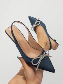 Women's Blue High Heels With Bow & Rhinestone Decorated Ankle Strap, Elegant Pointed Toe Kitten Heel Shoes For Party, Spring & Autumn - Navy Blue - View 2