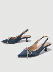 Women's Blue High Heels With Bow & Rhinestone Decorated Ankle Strap, Elegant Pointed Toe Kitten Heel Shoes For Party, Spring & Autumn - Navy Blue - View 3