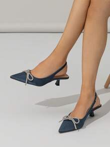 Women's Blue High Heels With Bow & Rhinestone Decorated Ankle Strap, Elegant Pointed Toe Kitten Heel Shoes For Party, Spring & Autumn - Navy Blue - View 6