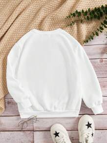 Tween Girl Heart & Slogan Graphic Thermal Lined Pullover - White - View 2