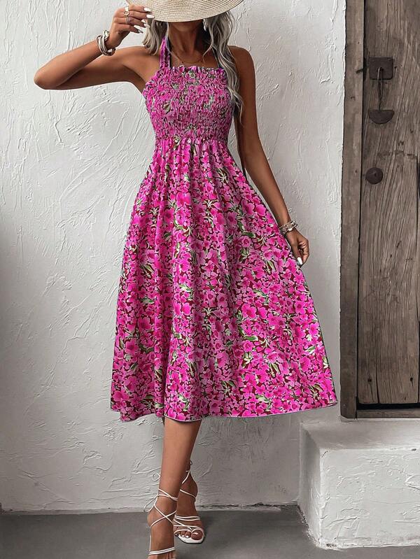 SHEIN LUNE Allover Print Tie Backless Halter Dress