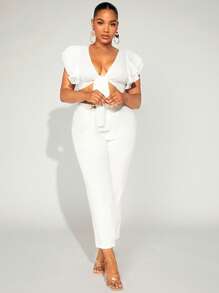 SHEIN SXY 大碼高腰金屬裝飾細節長褲 - 白色 - 查看 4