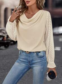 SHEIN Clasi Draped Collar Flare Sleeve Blouse - Apricot - View 1