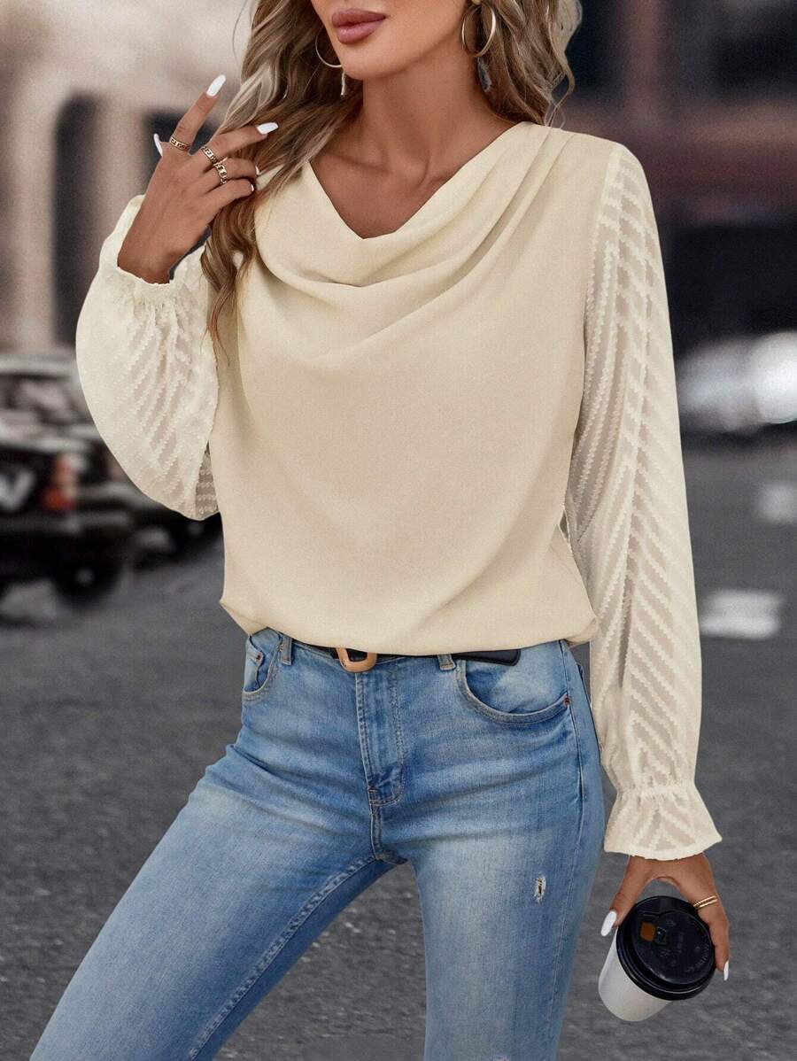 SHEIN Clasi Draped Collar Flare Sleeve Blouse - Apricot - View 1