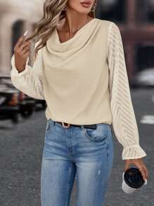 SHEIN Clasi Draped Collar Flare Sleeve Blouse - Apricot - View 3