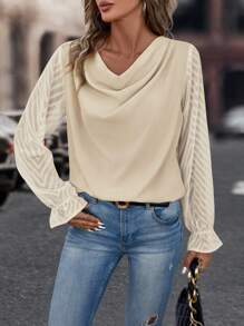 SHEIN Clasi Draped Collar Flare Sleeve Blouse - Apricot - View 4