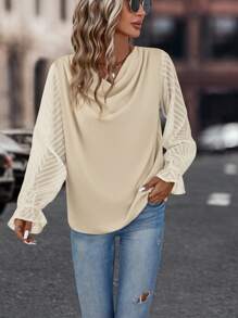 SHEIN Clasi Draped Collar Flare Sleeve Blouse - Apricot - View 6