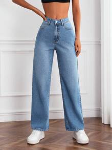 SHEIN Essnce Jeans con bolsillo oblicuo - Azul lavado medio - Ver 1