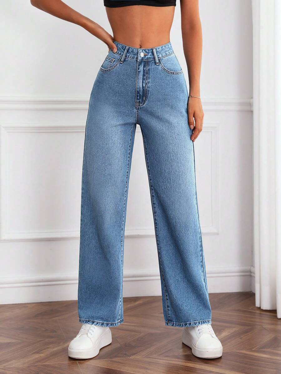 SHEIN Essnce Jeans con bolsillo oblicuo - Azul lavado medio - Ver 1
