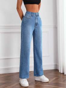 SHEIN Essnce Jeans con bolsillo oblicuo - Azul lavado medio - Ver 3
