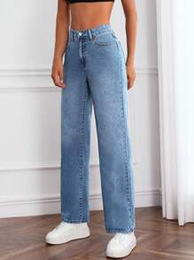 SHEIN Essnce Jeans con bolsillo oblicuo - Azul lavado medio - Ver 4