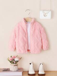 SHEIN Áo khoác cổ đứng họa tiết hoa lông cừu thoải mái cho bé gái, dày vừa phải - Màu Hồng baby - Xem 1