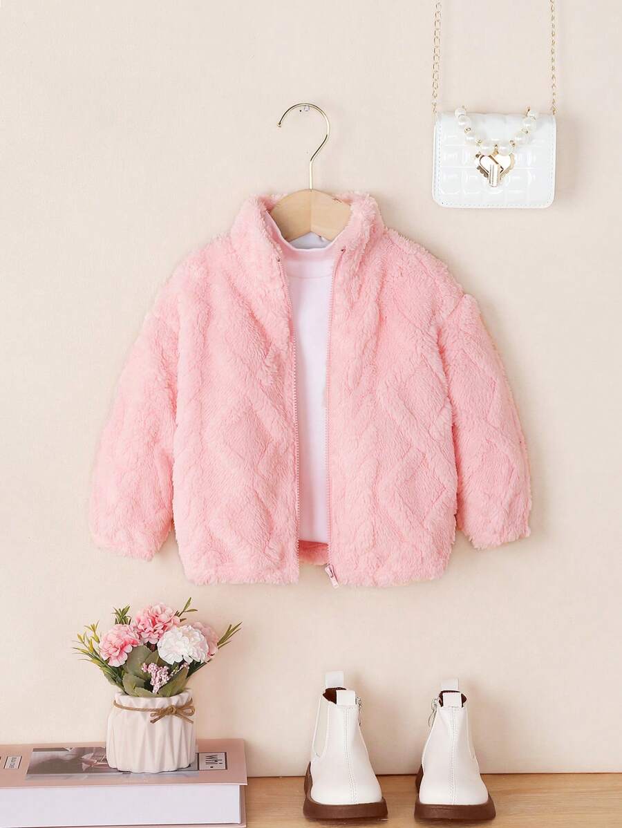 SHEIN Áo khoác cổ đứng họa tiết hoa lông cừu thoải mái cho bé gái, dày vừa phải - Màu Hồng baby - Xem 1