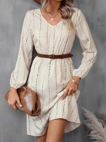 SHEIN LUNE Striped Print Lantern Sleeve Dress Without Belt - Apricot - View 6