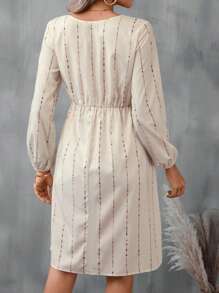 SHEIN LUNE Striped Print Lantern Sleeve Dress Without Belt - Apricot - View 2