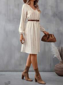 SHEIN LUNE Striped Print Lantern Sleeve Dress Without Belt - Apricot - View 4