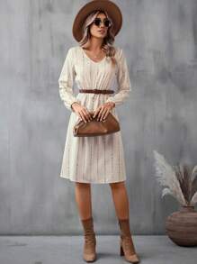 SHEIN LUNE Striped Print Lantern Sleeve Dress Without Belt - Apricot - View 5