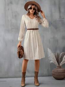 SHEIN LUNE Striped Print Lantern Sleeve Dress Without Belt - Apricot - View 1