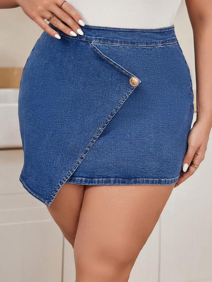 SHEIN Essnce Hơn Cao eo Bọc Váy Denim - Rửa trung bình - Xem 1