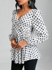 SHEIN Clasi 波點圖案燈籠袖荷葉邊下擺襯衫 - 彩色 - 查看 6