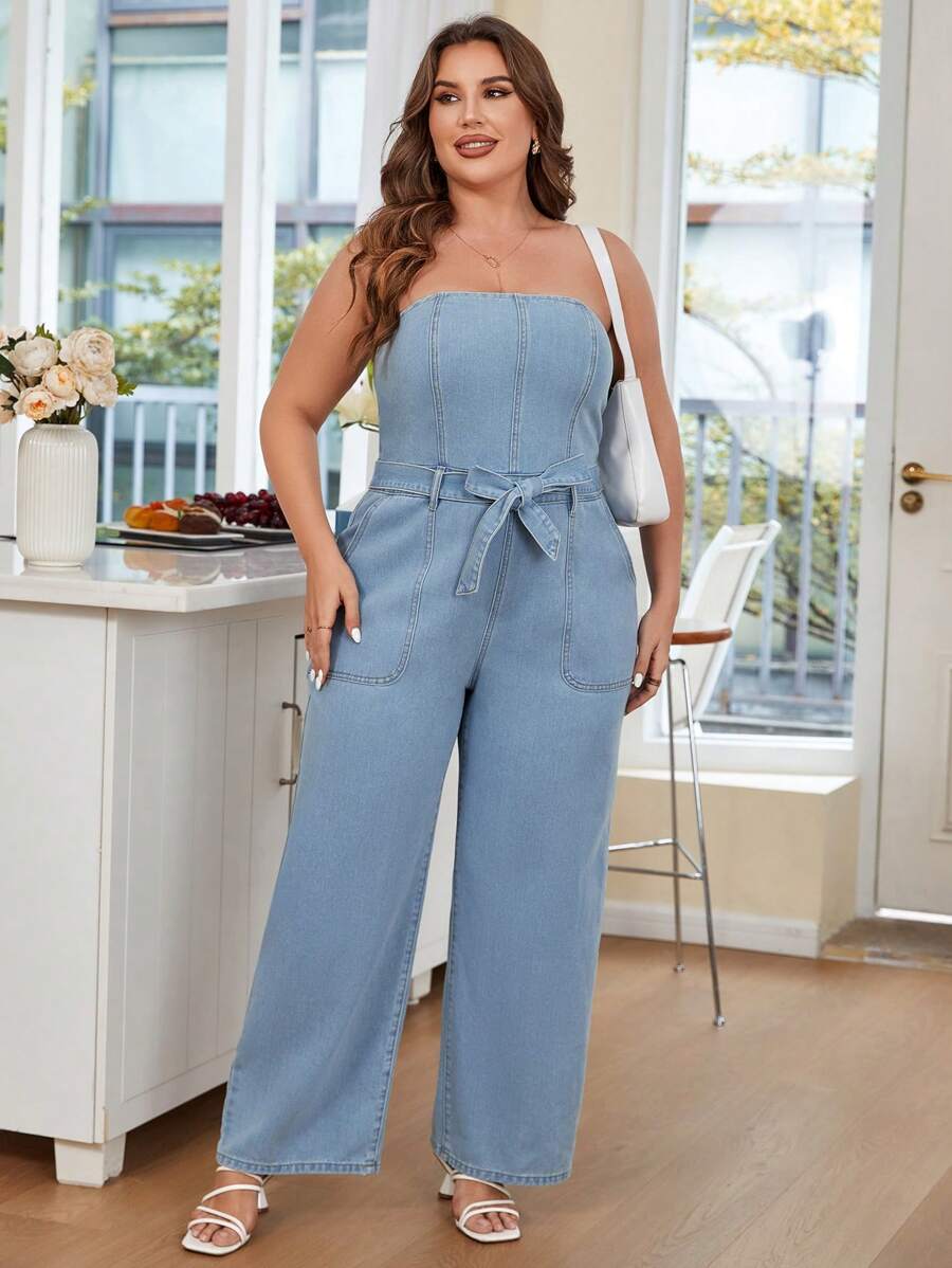 SHEIN Essnce Plus Slant Pocket Belted Tube Denim Jumpsuit - Light Wash - View 1