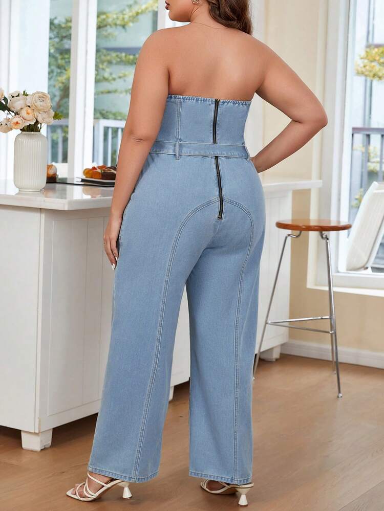 Plus Slant Pocket Belted Tube Denim Jumpsuit