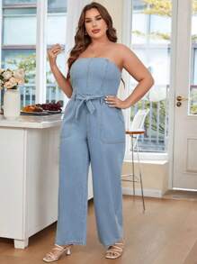 SHEIN Essnce Plus Slant Pocket Belted Tube Denim Jumpsuit - Light Wash - View 3