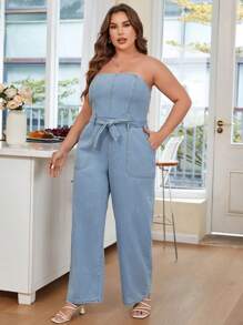 SHEIN Essnce Plus Slant Pocket Belted Tube Denim Jumpsuit - Light Wash - View 4