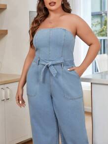 SHEIN Essnce Plus Slant Pocket Belted Tube Denim Jumpsuit - Light Wash - View 6