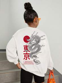 Tween Girl Letter & Dragon Graphic Drop Shoulder Thermal Pullover - White - View 1