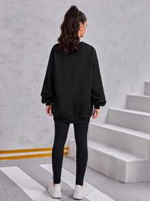 SHEIN Teen Girl Letter Graphic Drop Shoulder Pullover & Leggings - Black - View 2