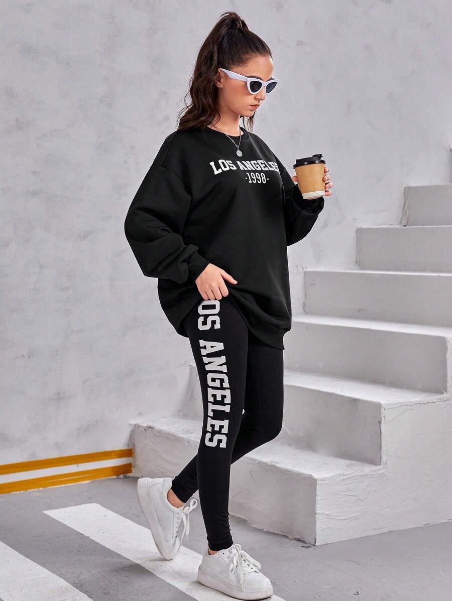 SHEIN Teen Girl Letter Graphic Drop Shoulder Pullover & Leggings - Black - View 1