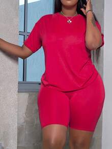 Solid Drop Shoulder Tee & Cycling Shorts - Red - View 3