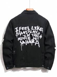 Manfinity Men Slogan Graphic Ripped Denim Jacket Without Tee - Black - View 1