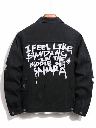 Manfinity Men Slogan Graphic Ripped Denim Jacket Without Tee