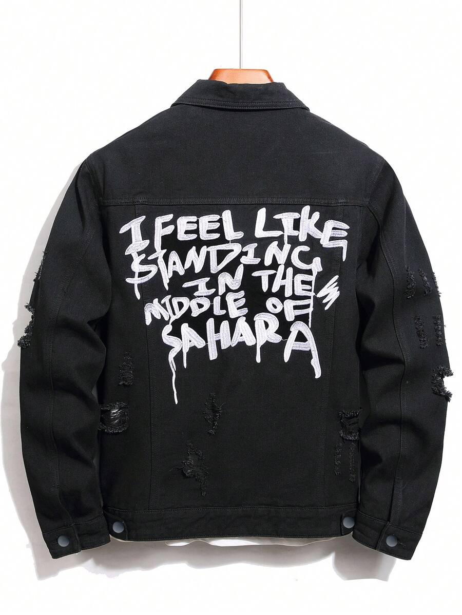 Manfinity Men Slogan Graphic Ripped Denim Jacket Without Tee - Black - View 1