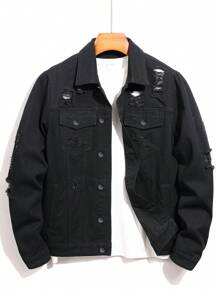 Manfinity Men Slogan Graphic Ripped Denim Jacket Without Tee - Black - View 2