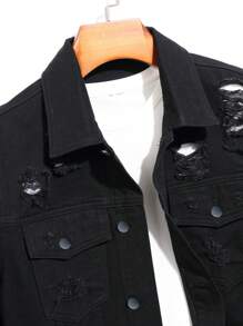 Manfinity Men Slogan Graphic Ripped Denim Jacket Without Tee - Black - View 3