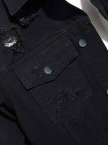 Manfinity Men Slogan Graphic Ripped Denim Jacket Without Tee - Black - View 6