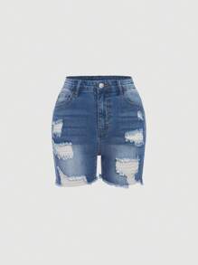 SHEIN Teen Girl Ripped Raw Hem Denim Shorts - Medium Wash - View 1