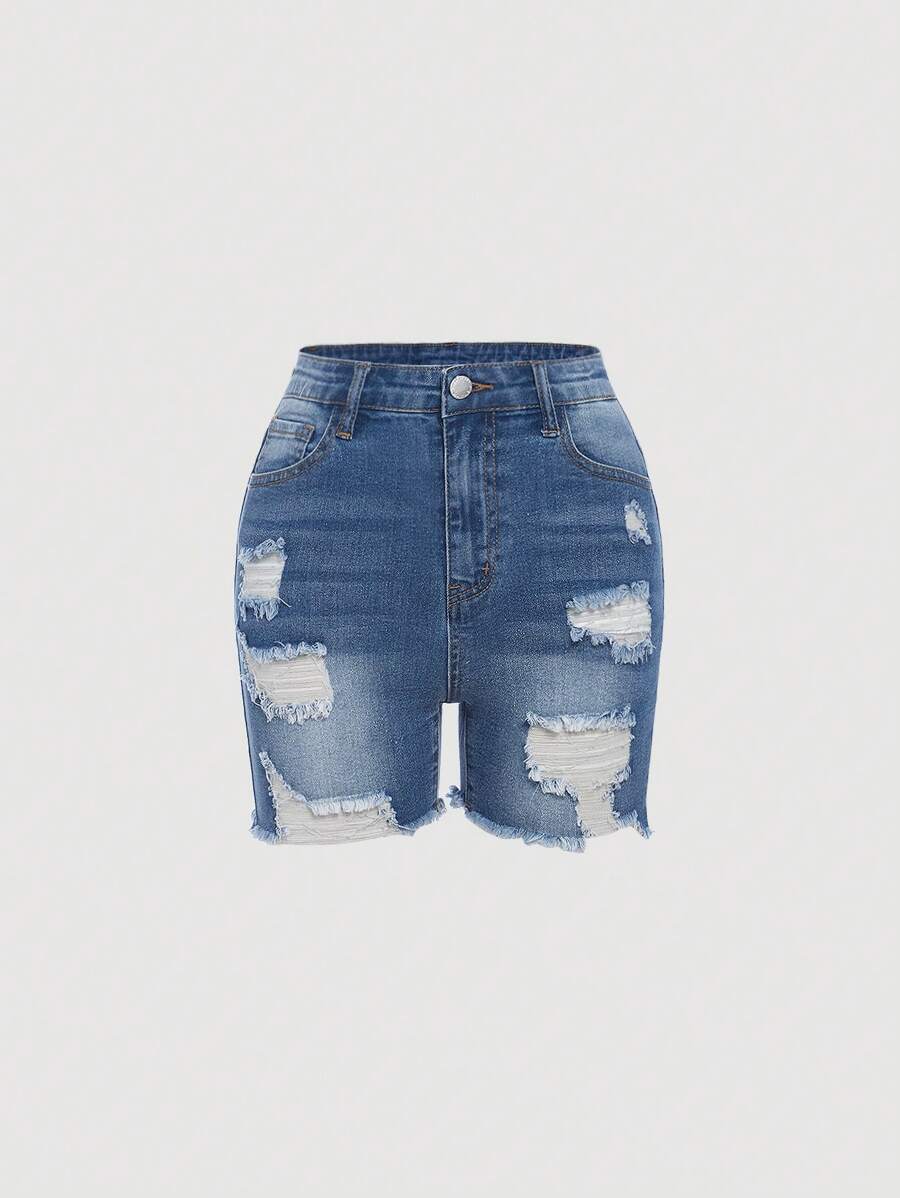 SHEIN Teen Girl Ripped Raw Hem Denim Shorts - Medium Wash - View 1
