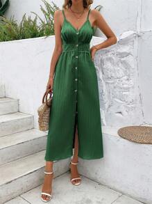 SHEIN VCAY Đầm Dải chun Nút phía trước màu trơn Giải trí - màu xanh lá - Xem 5