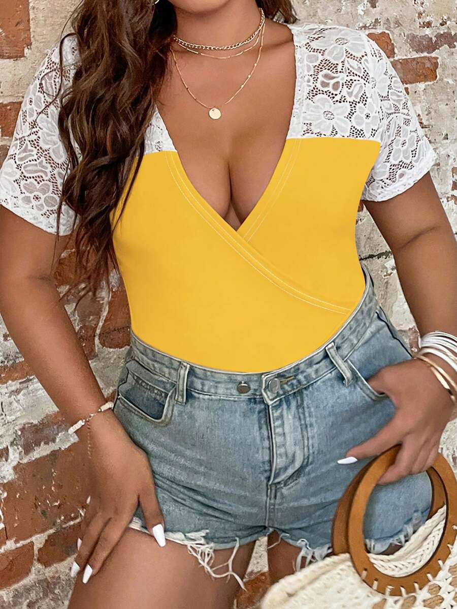 SHEIN Unity 大碼蕾絲拼接深V領連身背心 - 黃色 - 查看 1