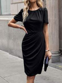 Breezaya 素色泡泡袖緊身連衣裙 - 黑色 - 查看 7